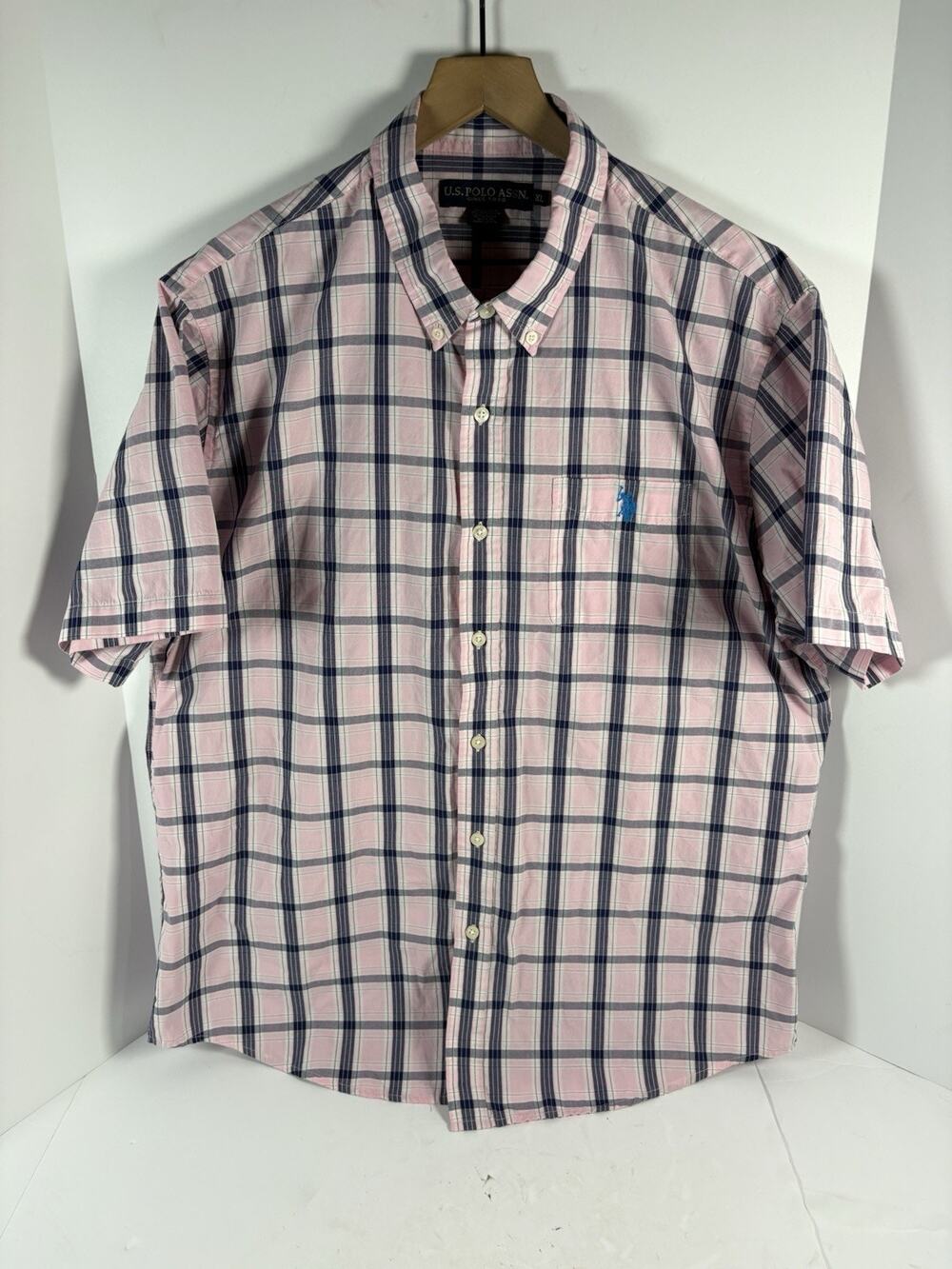 US Polo Assn Mens XL Pink Plaid Button Down Shirt Short Sleeve Pony Logo Cotton